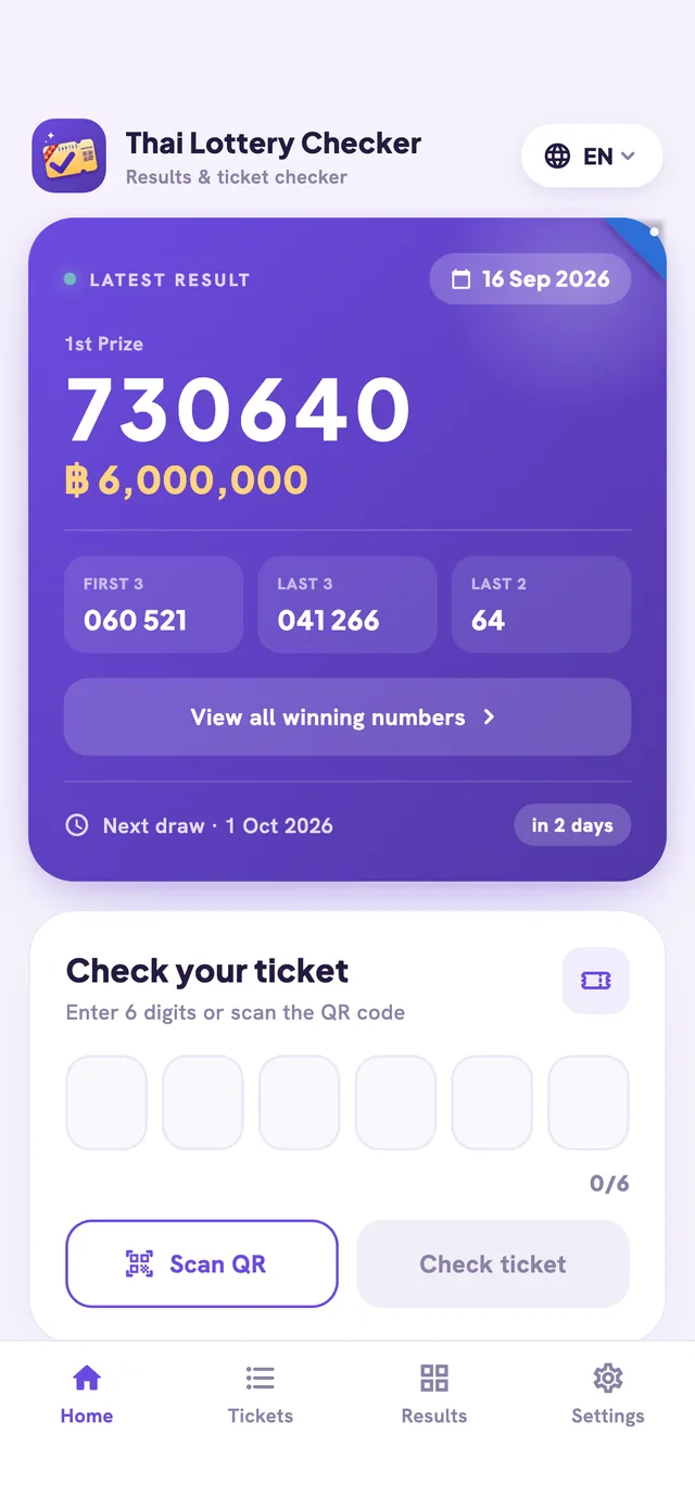 The app's home screen: the latest 1st prize, first 3, last 3 and last 2 digits, and the ticket checker