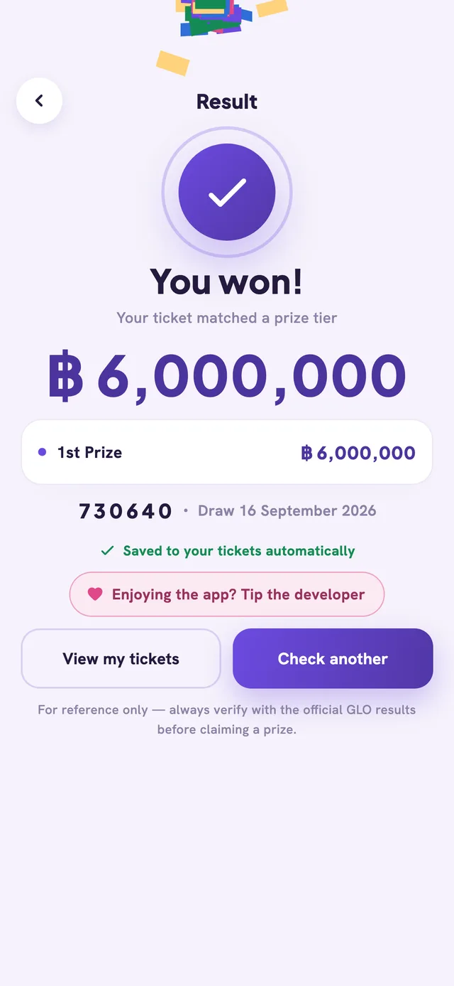 A winning ticket: You won ฿6,000,000, 1st prize